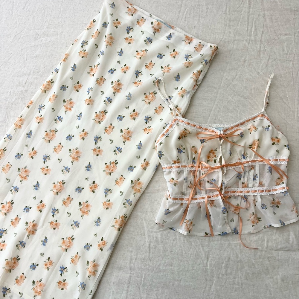 Floral Midi/maxi Skirt and Tie Front Bow Top Set- Size M